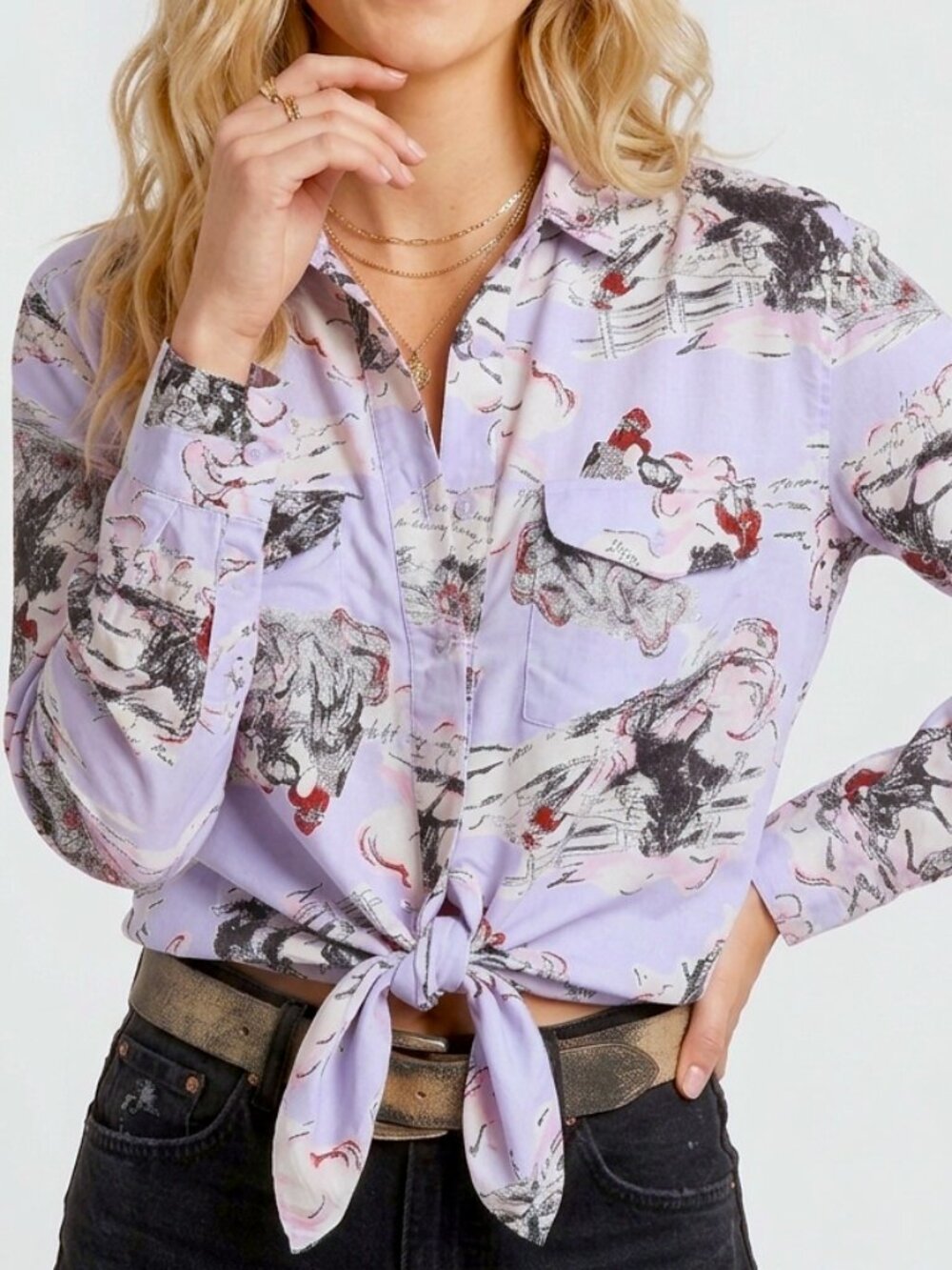 Vintage Cowboy Print Rodeo Shirt wild west sketch bronco Womens M horse western